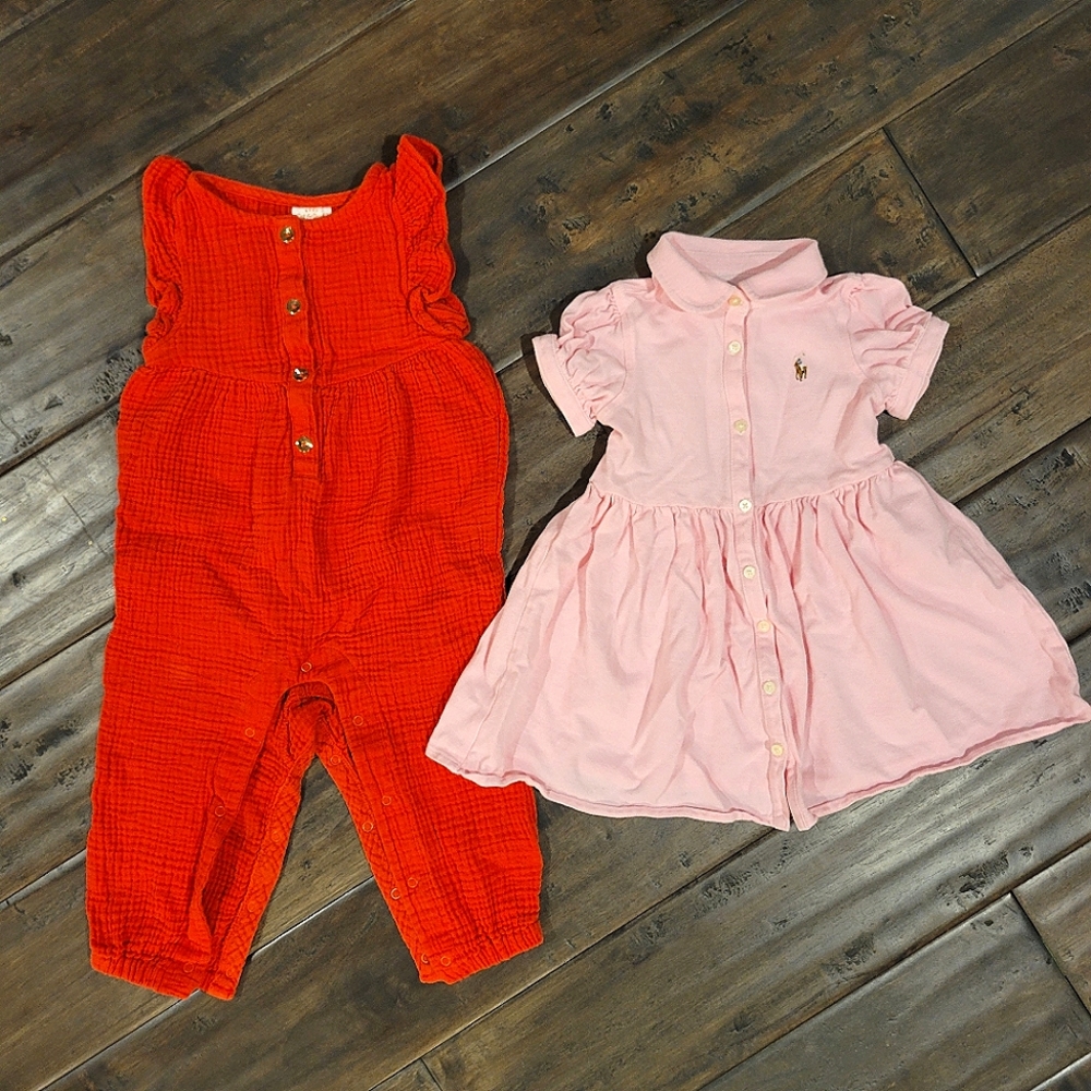 Gently worn Ralph Lauren pink dress and Orange cat and jack jumper 18mo